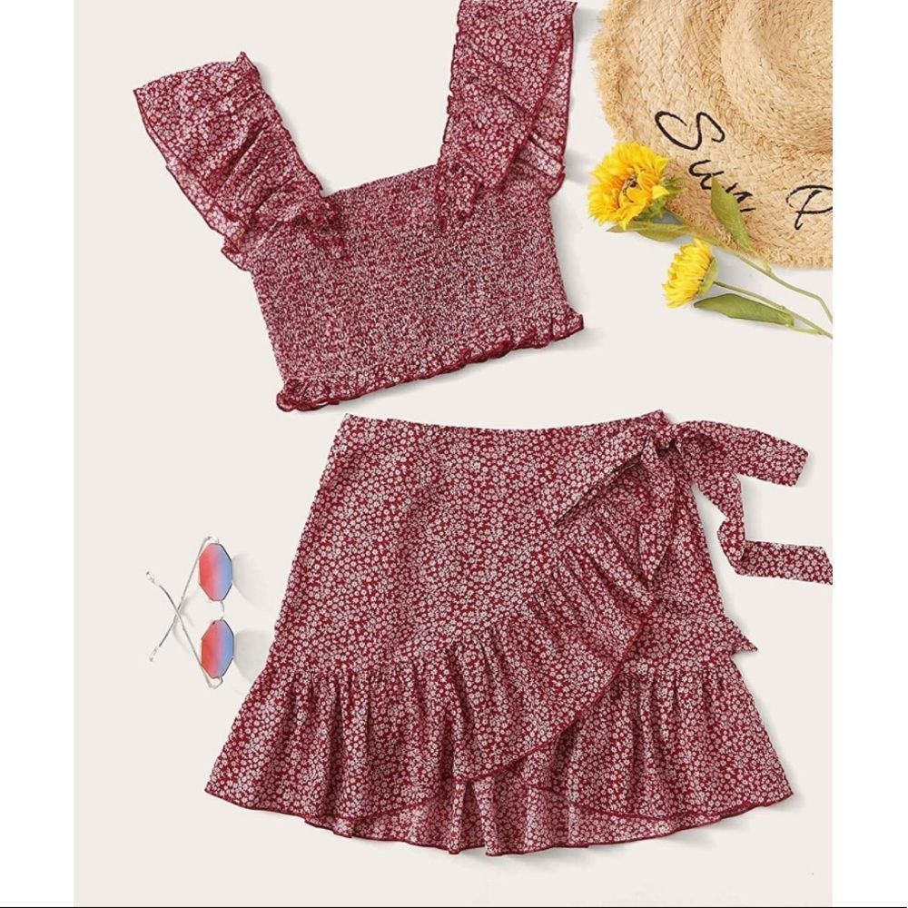 MakeMeChic Two Piece Ruffle Trim Cami Crop Top and Wrap Skirt Set